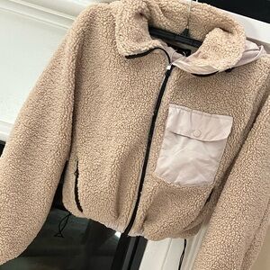 Love Tree Beige Sherpa Puffer Jacket with Light Pink Pocket